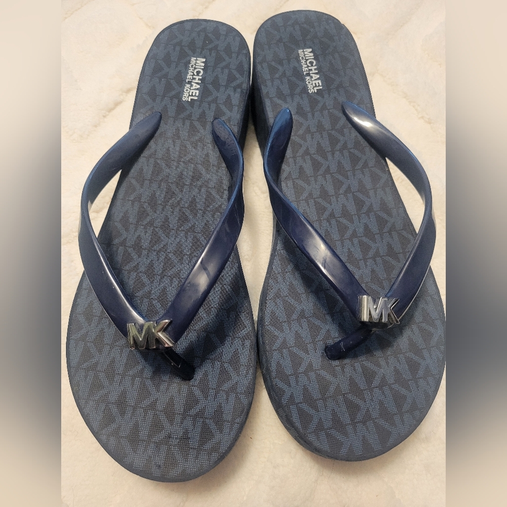 Michael Kors Bedford MK Logo Platform Wedge Flip Flop Sandal Size 10 M Navy Blue